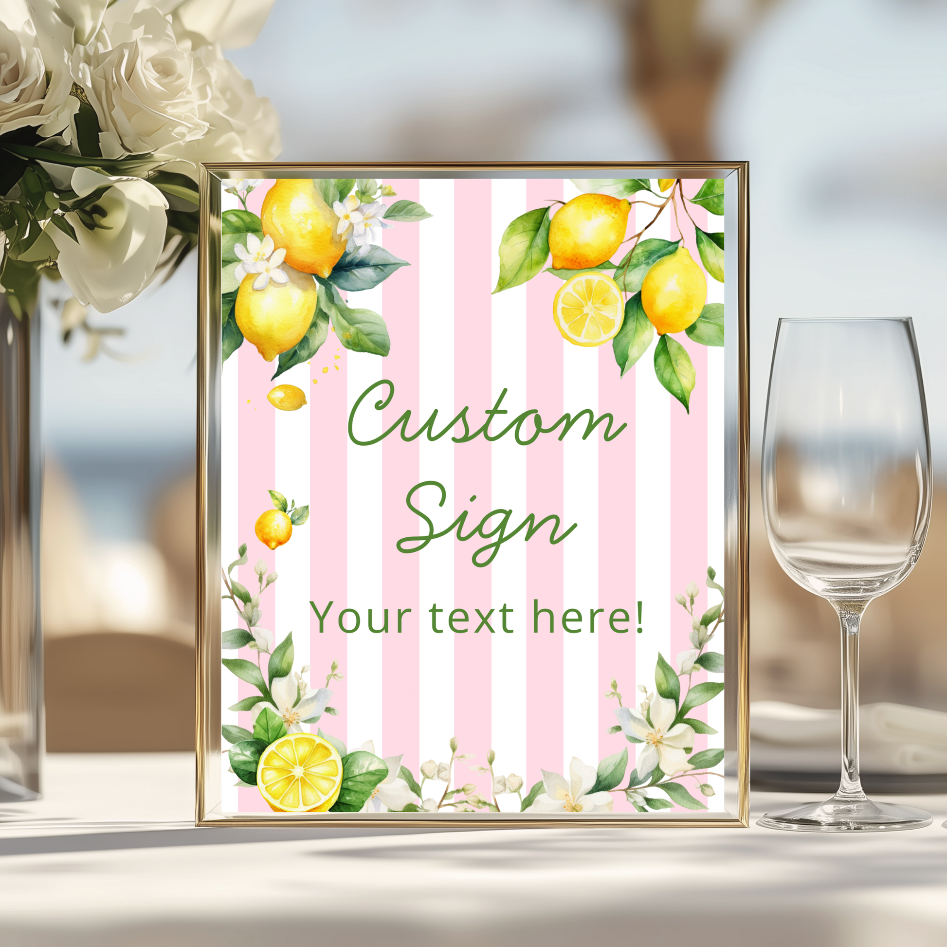 Customizable Pink Stripe Citrus Lemons Sign