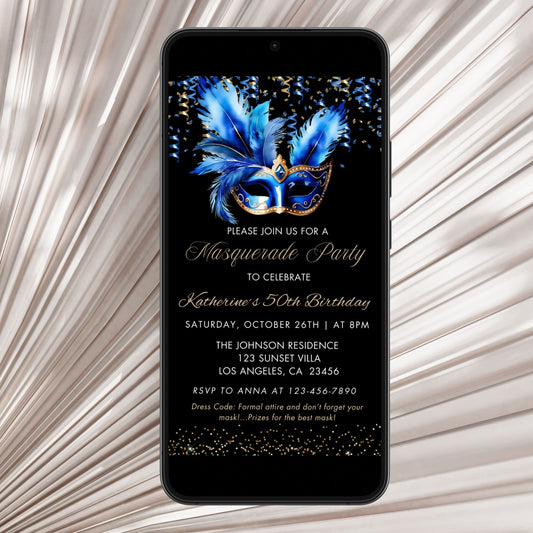Editable Royal Blue Masquerade Birthday Invitation