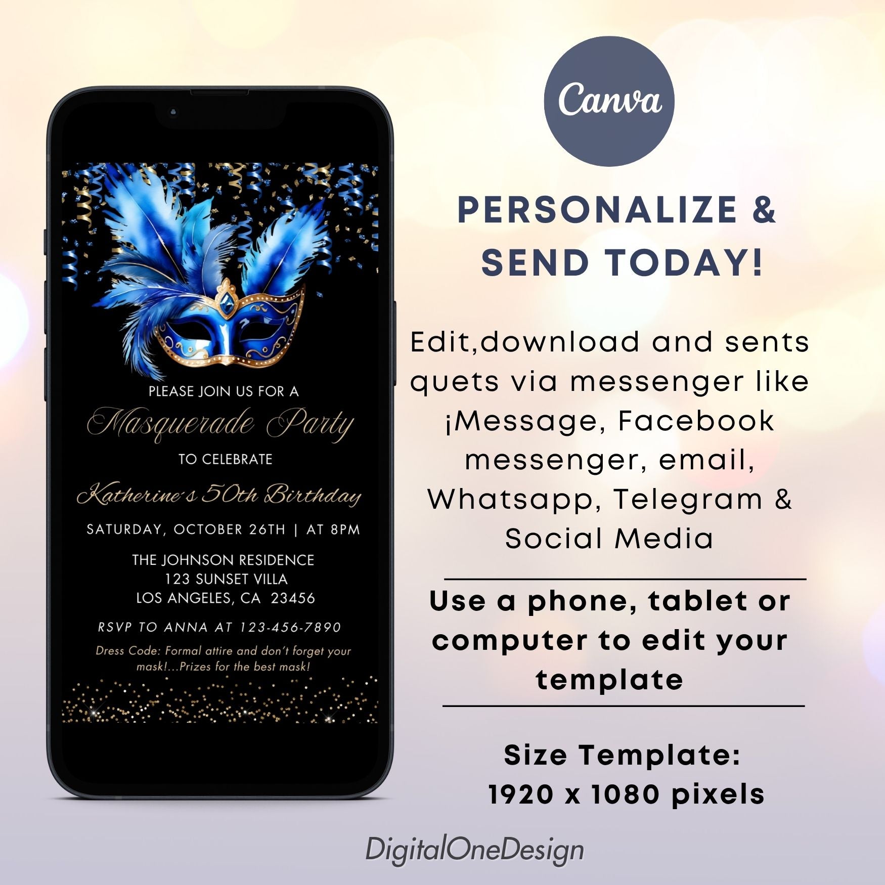 Editable Royal Blue Masquerade Birthday Invitation