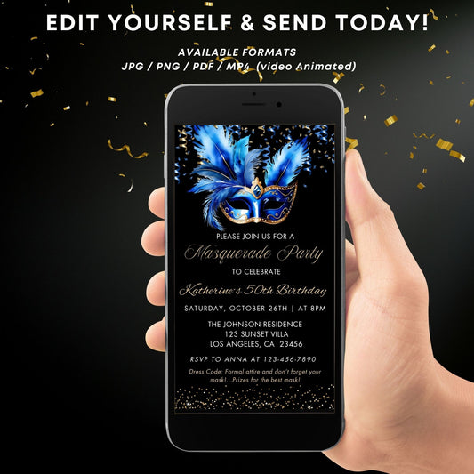 Editable Royal Blue Masquerade Birthday Invitation