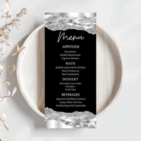 Silver & Black Editable Birthday Menu Card Template