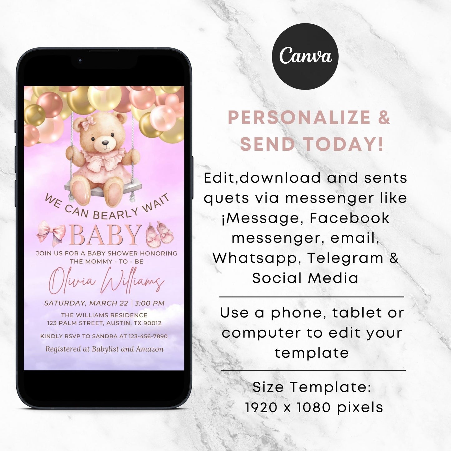 Baby shower invitation on a phone screen with Canva branding and text about personalization and sending.