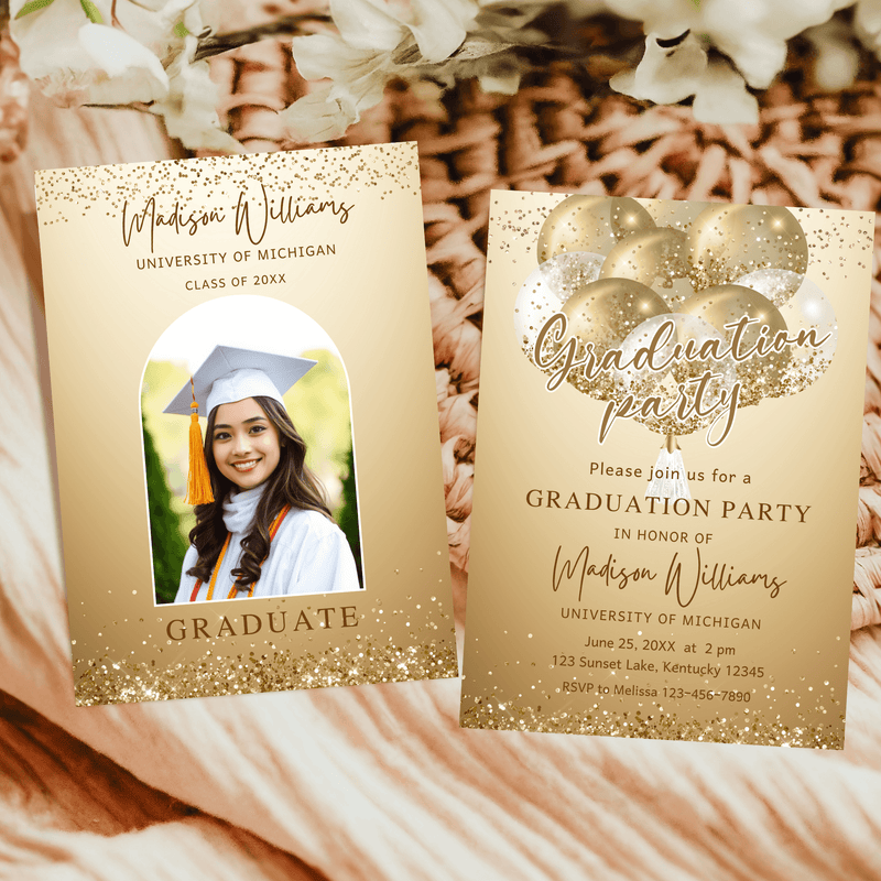 Gold Glitter Graduation Party Invitation with photo
