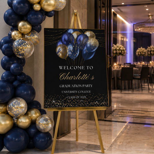 Editable Blue Navy & Gold Balloons Graduation Party Welcome Sign