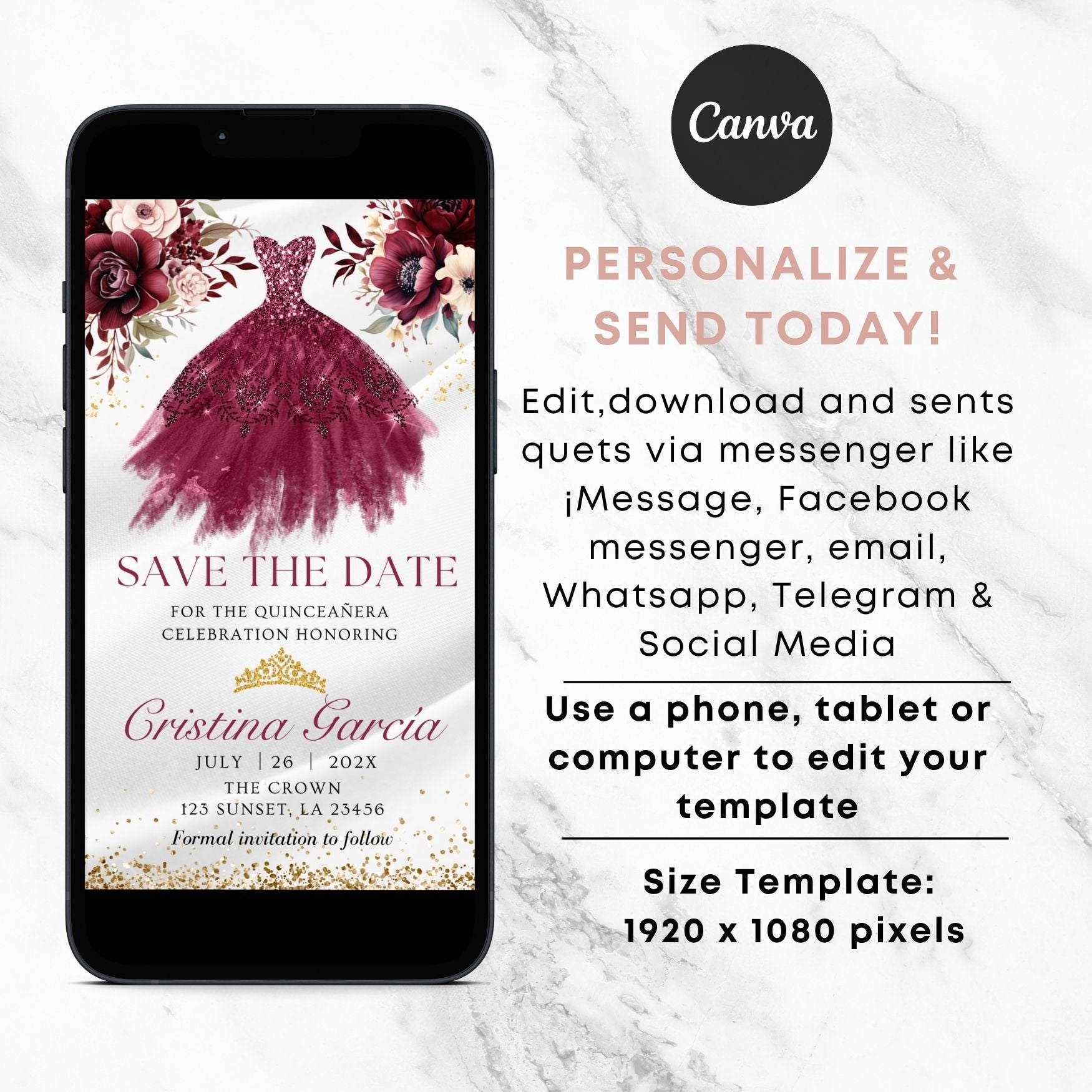 Phone displaying a 'Save the Date' invitation with a red dress and floral design, on a marble background. Editable in Canva