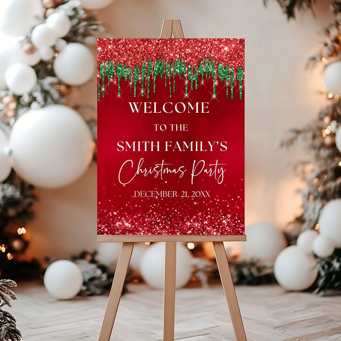 Red Green glittery Christmas party sign on an easel with festive background