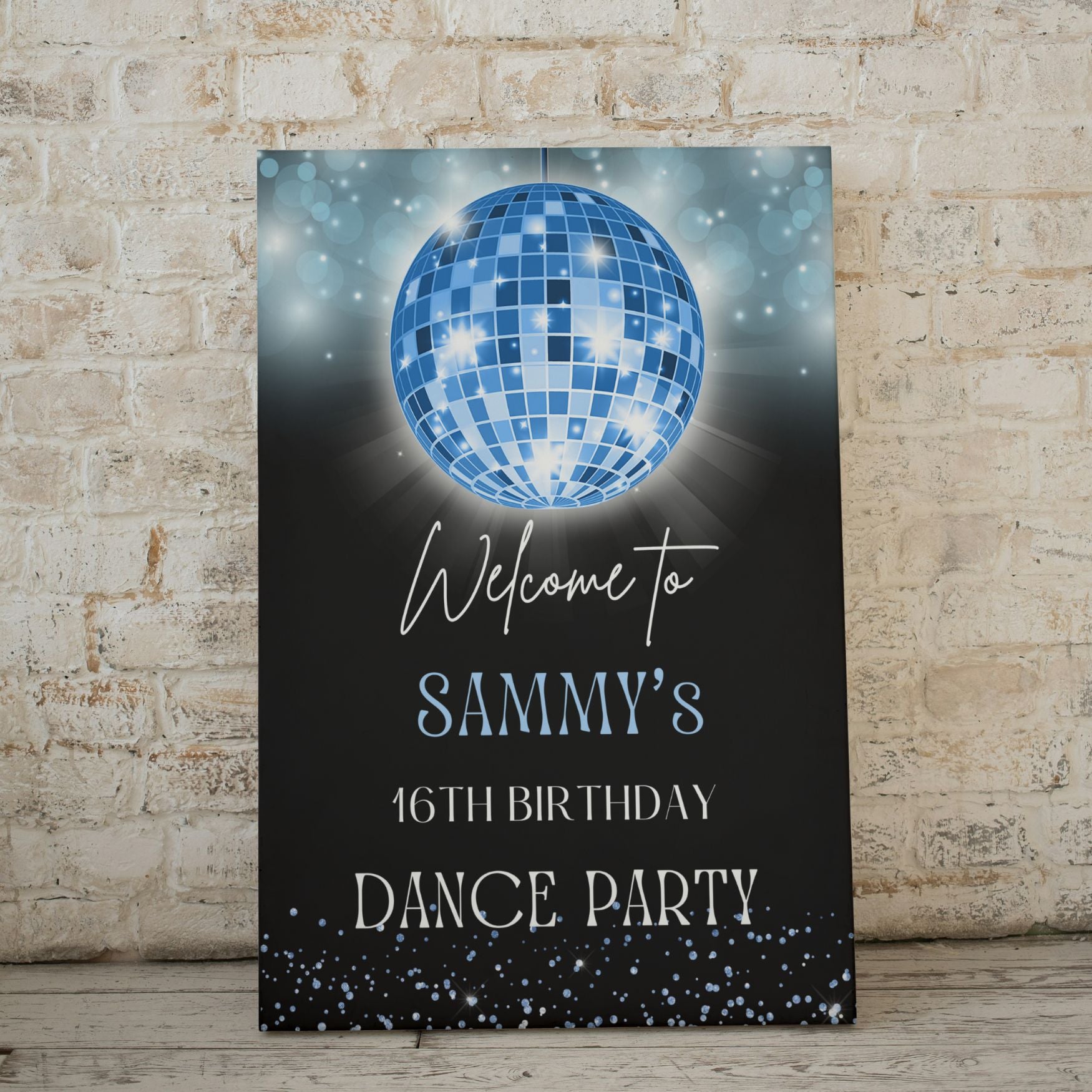 Party invitation with blue disco ball against a brick wall background