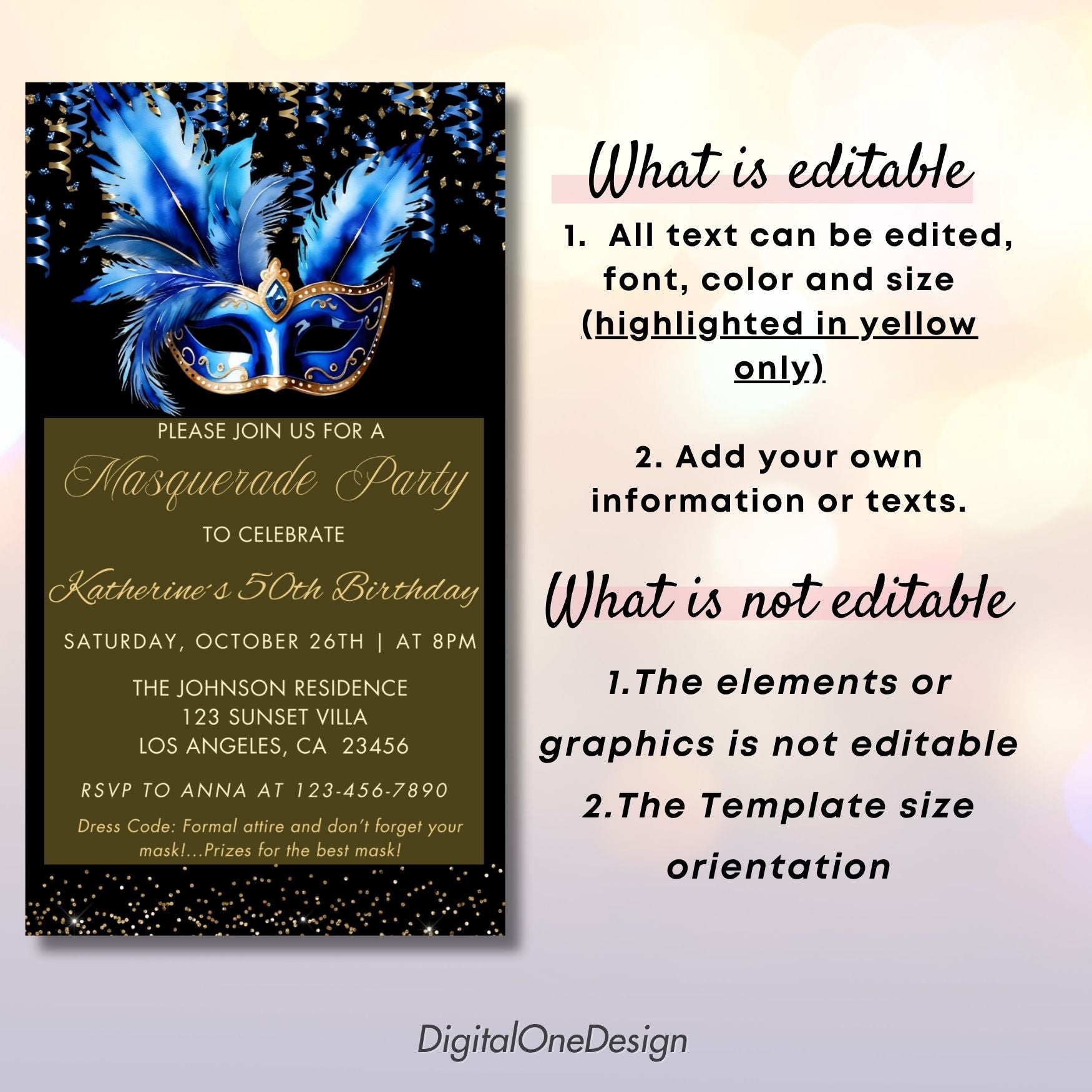 Editable Royal Blue Masquerade Birthday Invitation