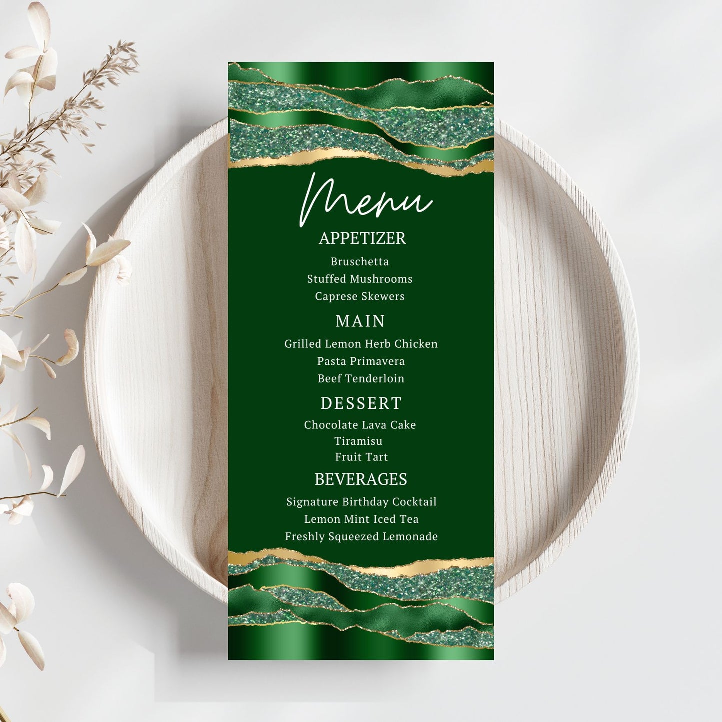 Editable Menu card with green and gold design on a white plate