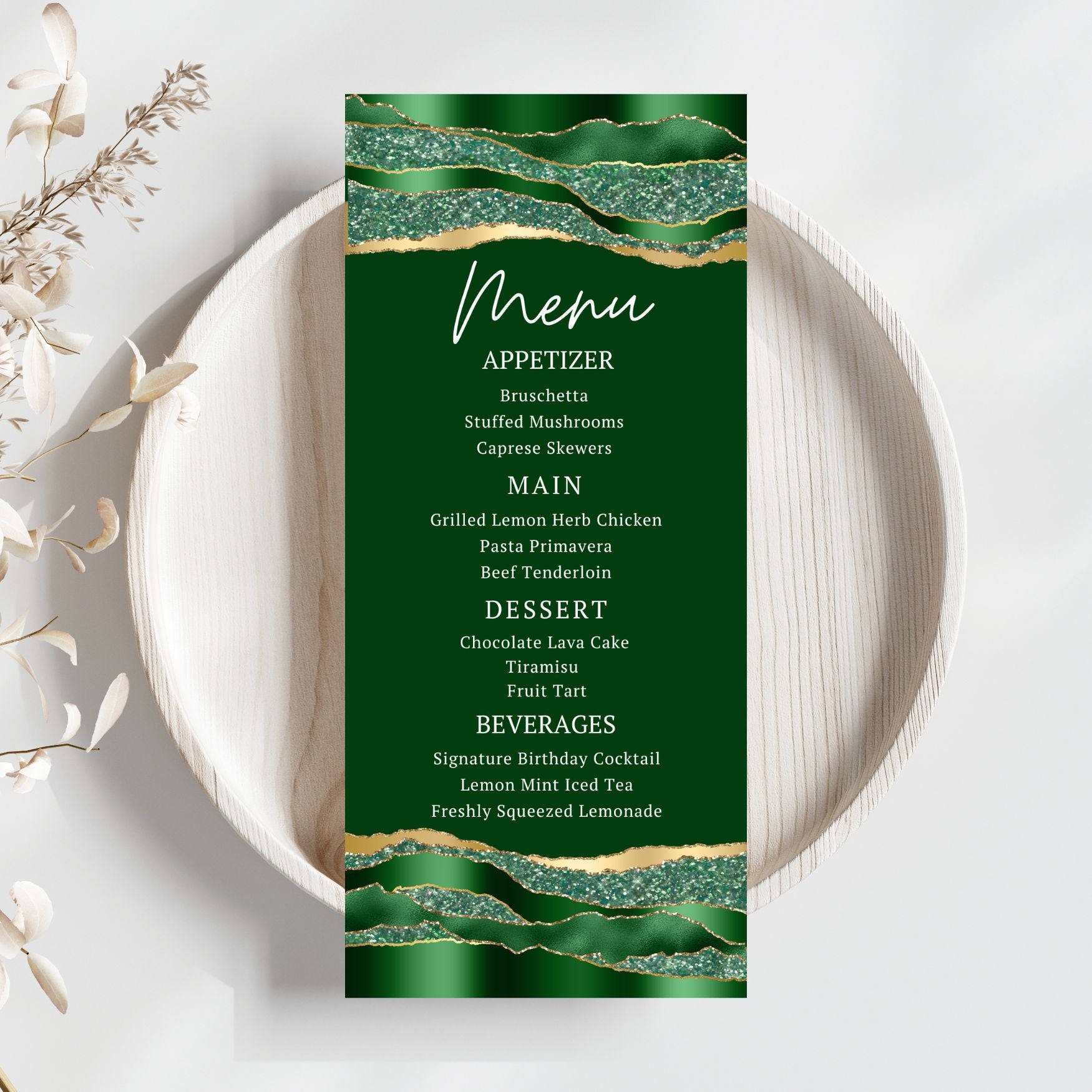 Editable Menu card with green and gold design on a white plate