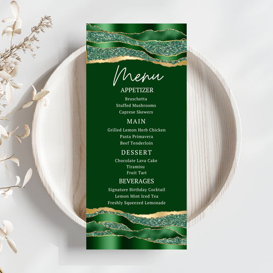 Editable Menu card with green and gold design on a white plate