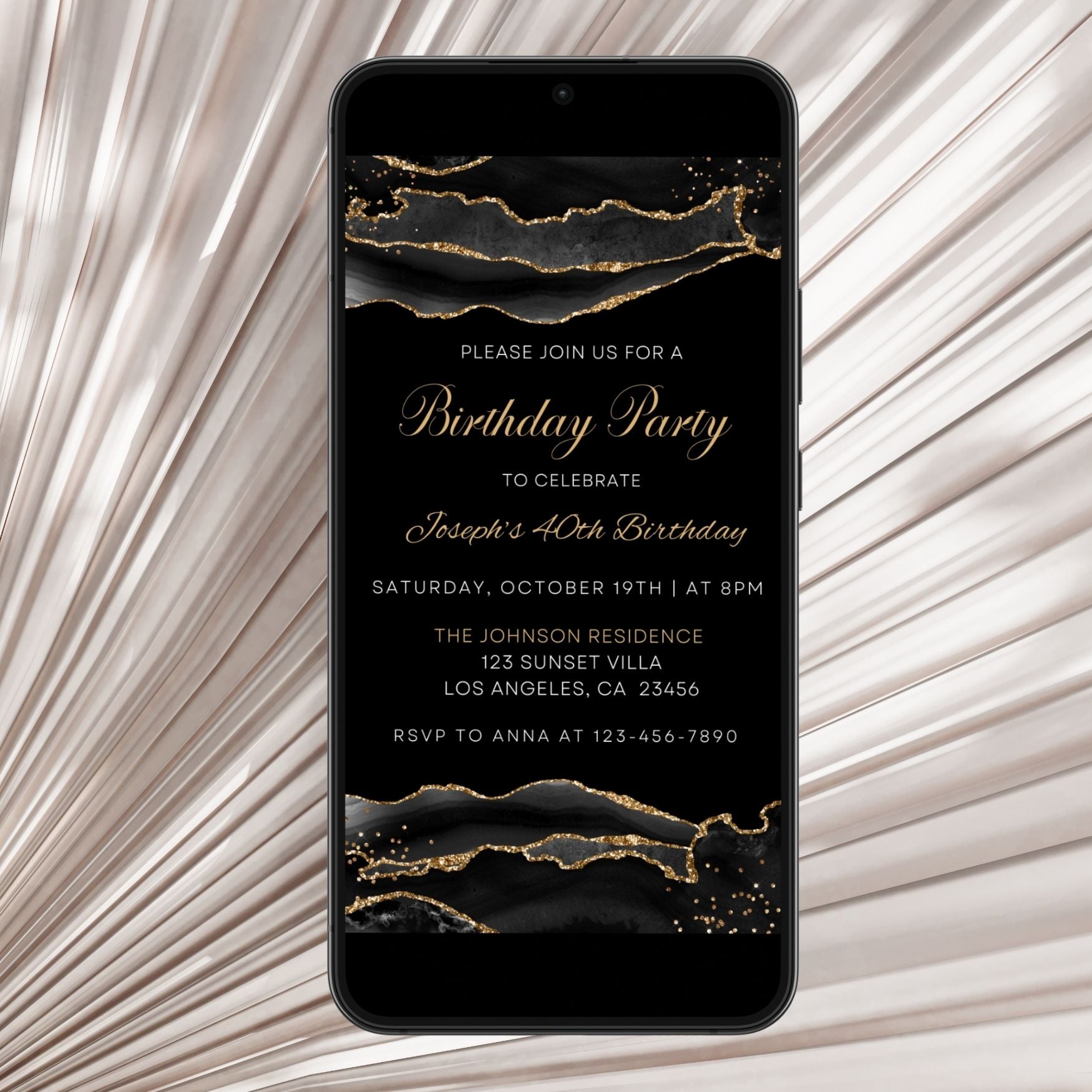 Elegant Black & Gold Agate Digital Birthday Invitation