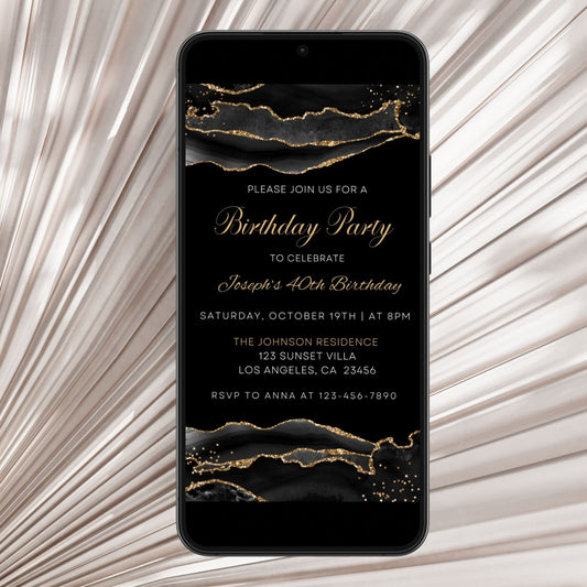 Elegant Black & Gold Agate Digital Birthday Invitation