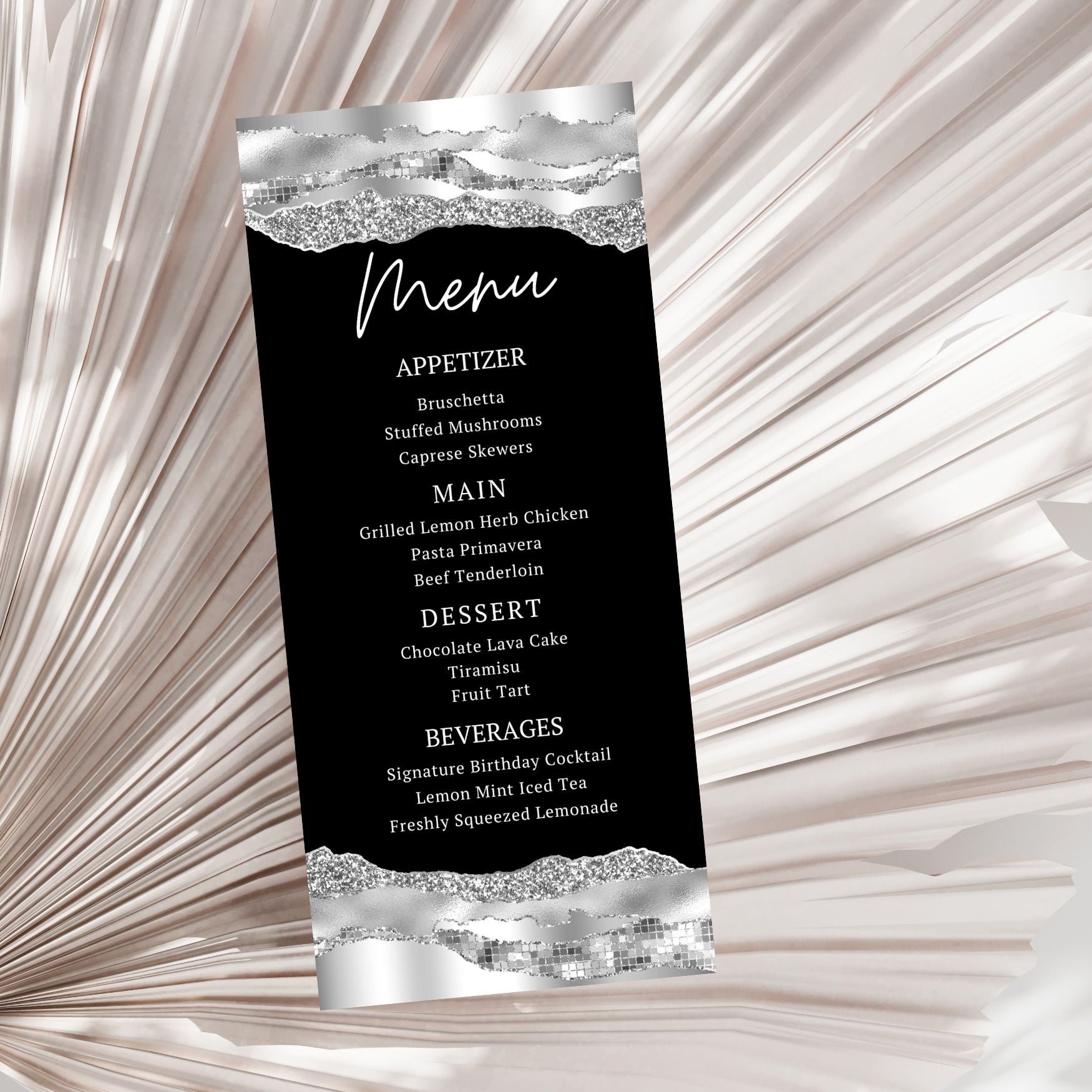 Silver & Black Editable Birthday Menu Card Template