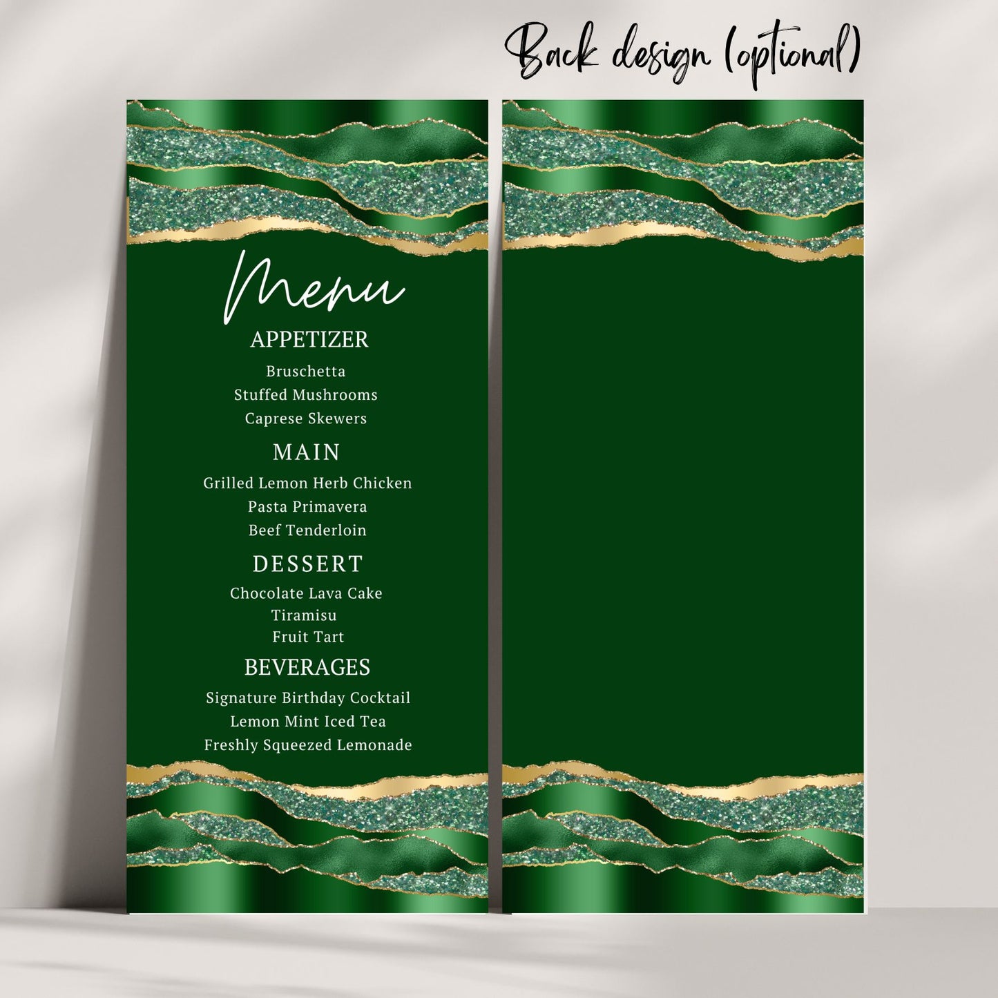 Menu card with green and gold design on a white background (back and front)