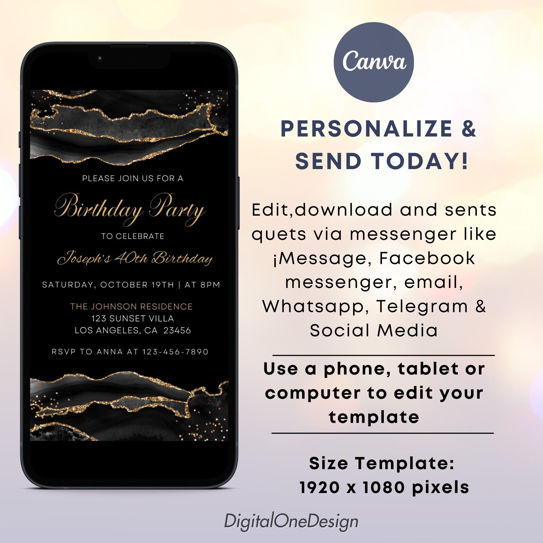 Elegant Black & Gold Agate Digital Birthday Invitation