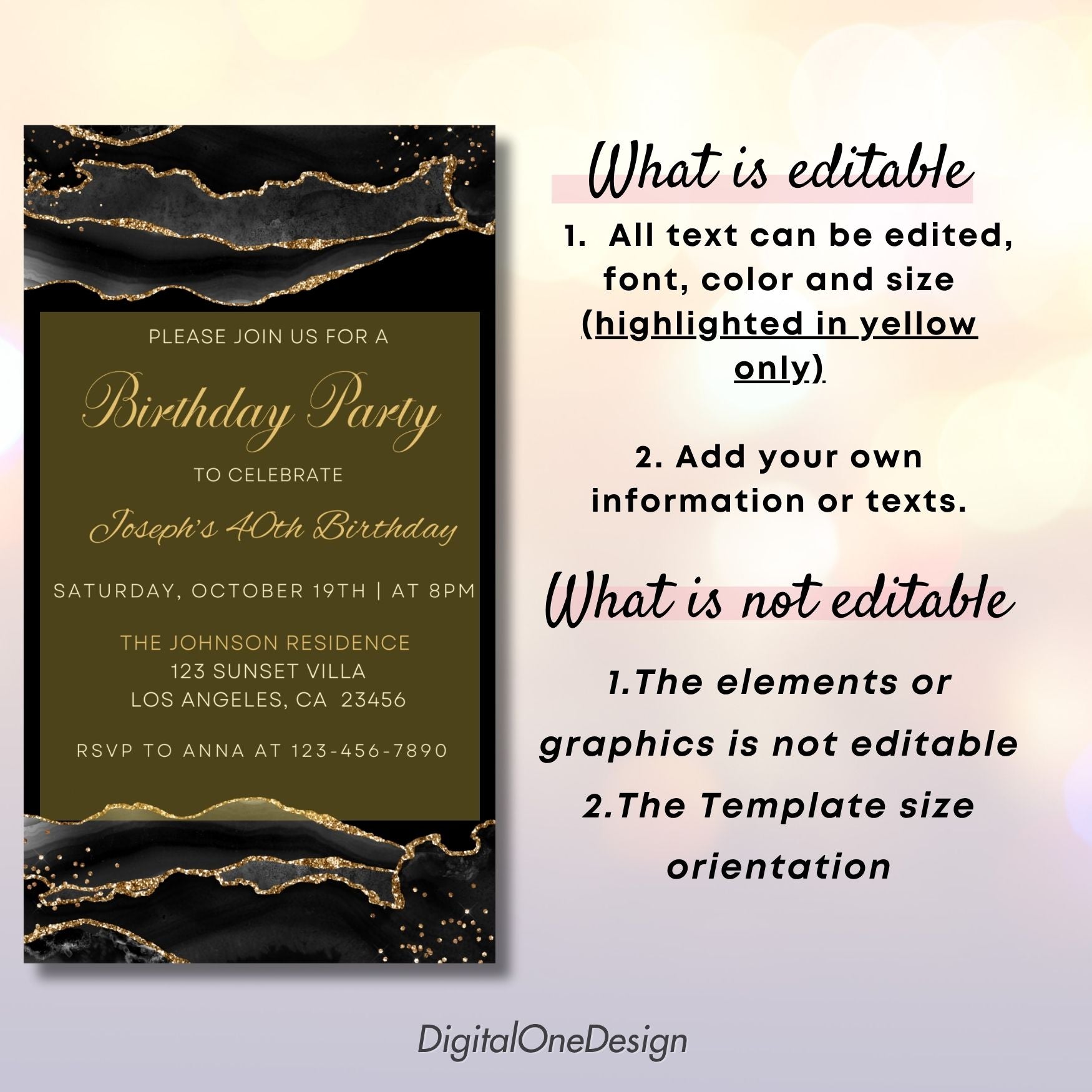 Elegant Black & Gold Agate Digital Birthday Invitation