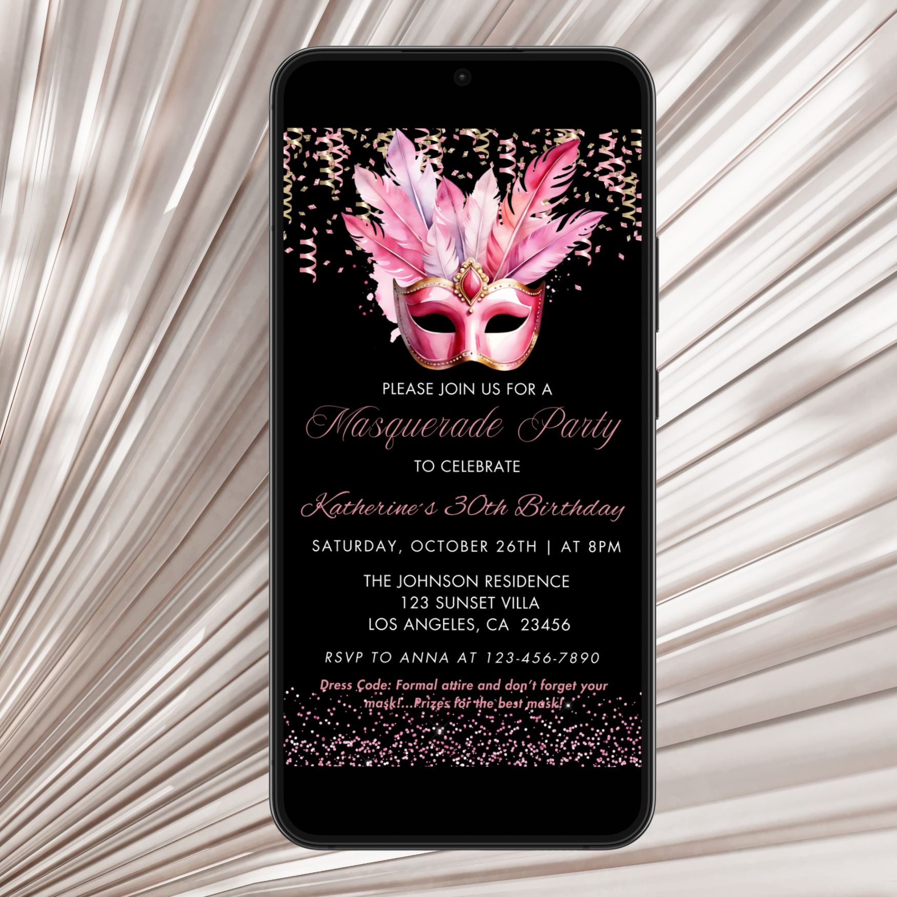 Elegant Pink & Gold Masquerade Birthday Invitation