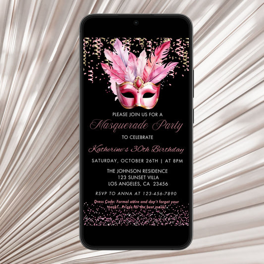 Elegant Pink & Gold Masquerade Birthday Invitation