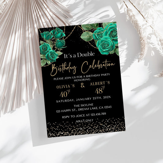 Elegant Emerald & Gold Floral Double Birthday Invitation