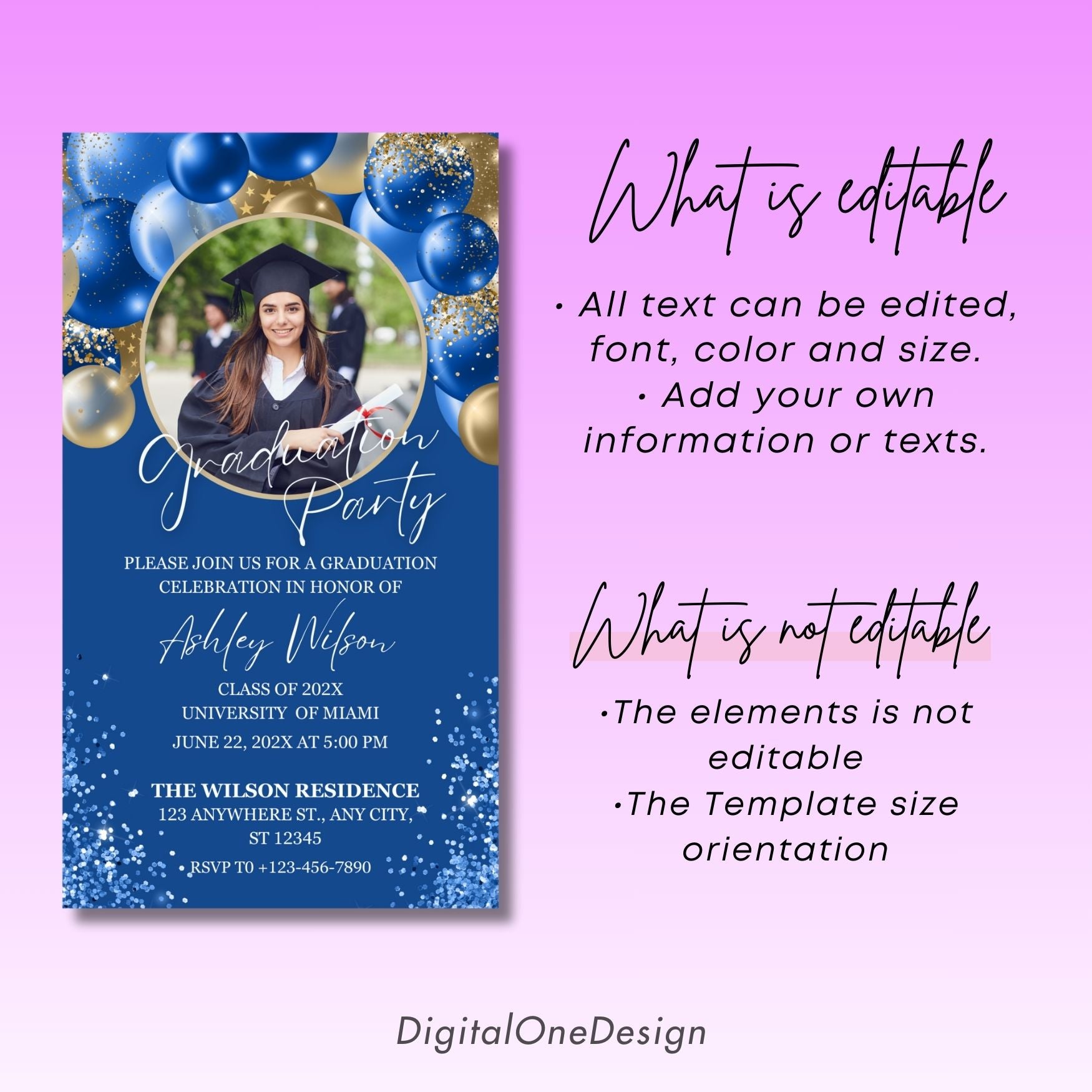 Royal Blue and Gold Graduation Party Photo Invitation