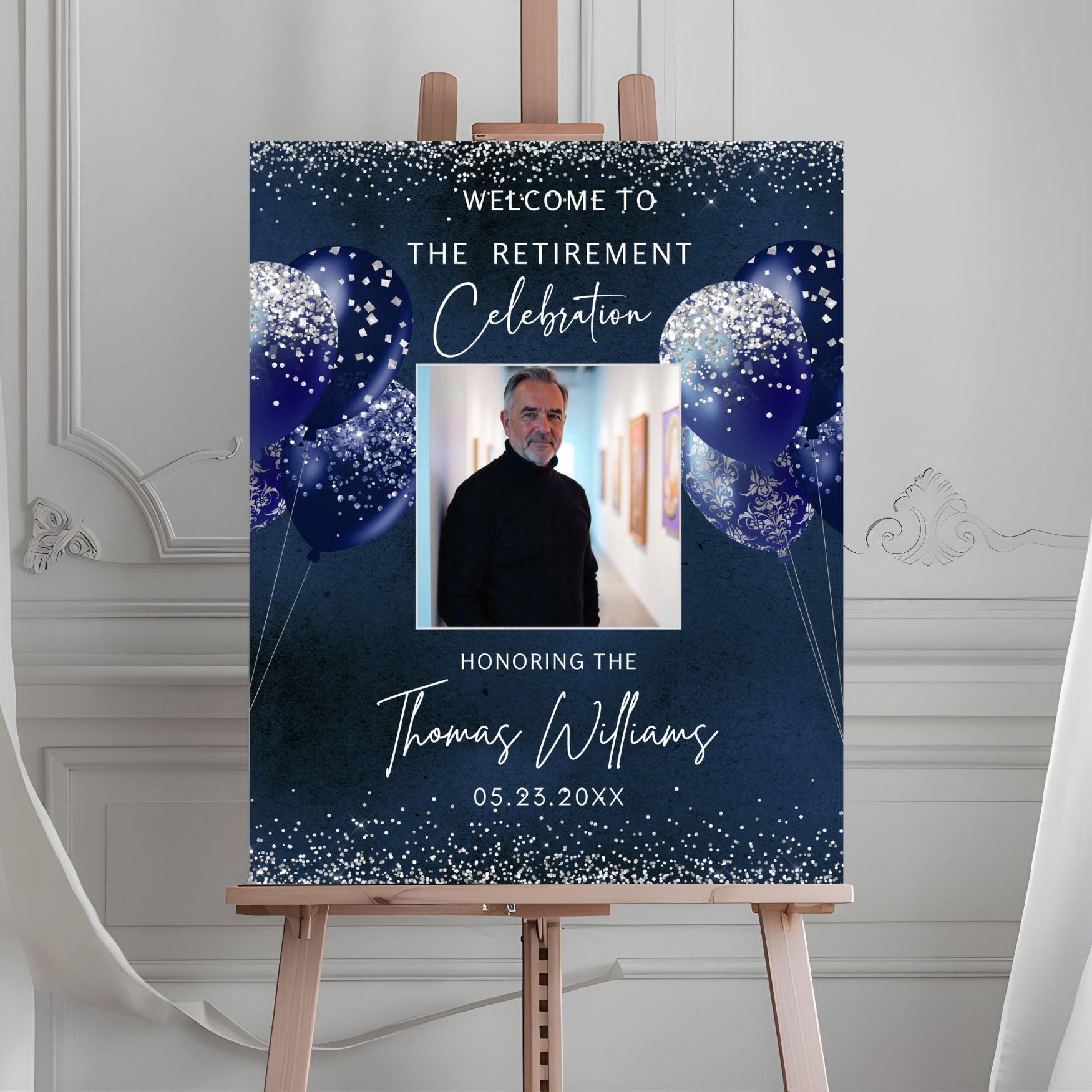 Editable Navy Silver Retirement Party Welcome Sign Template