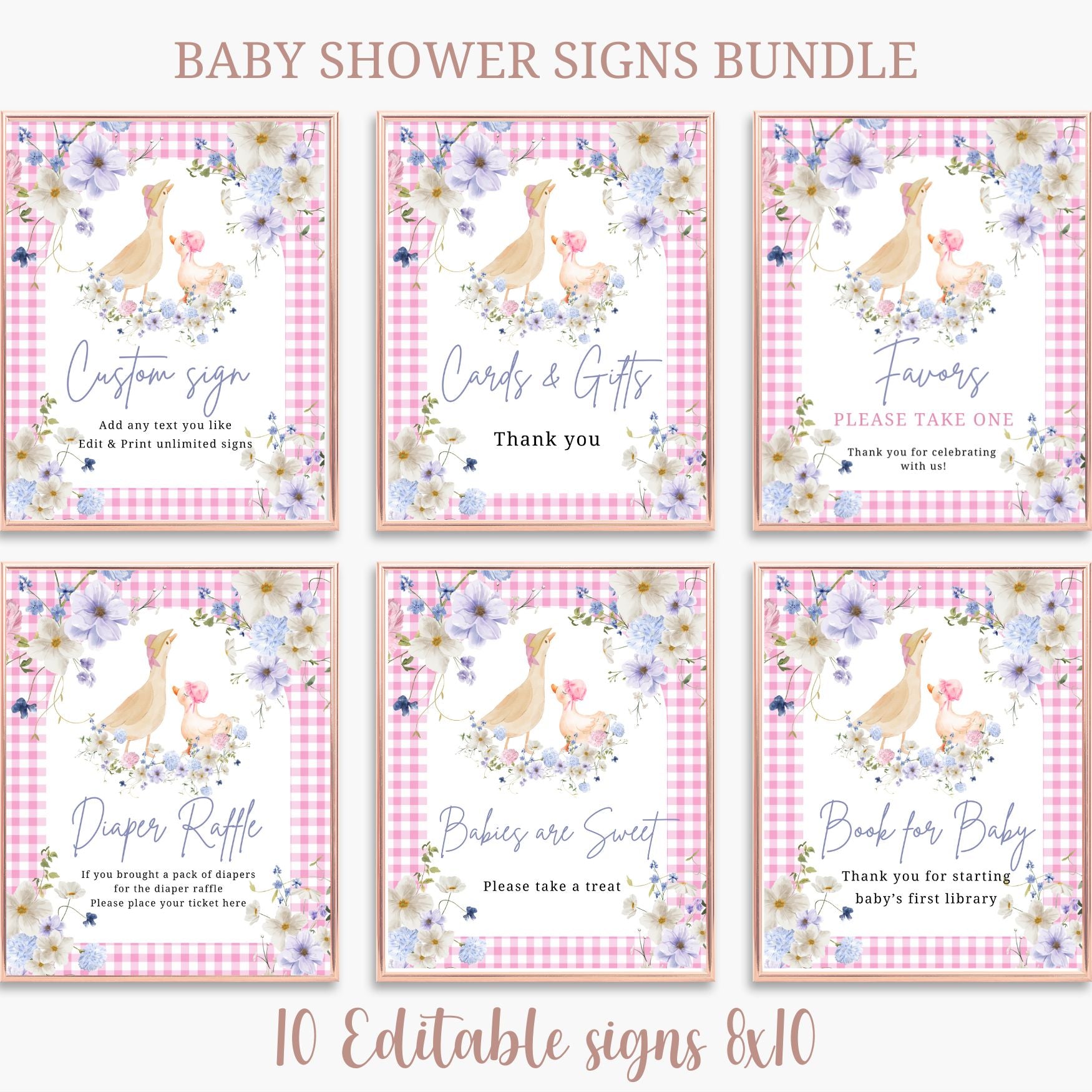Baby shower signs bundle with floral and checkered design on a white background