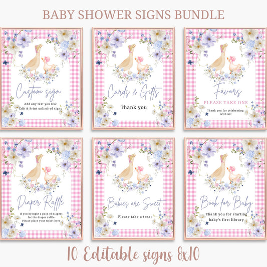 Baby shower signs bundle with floral and checkered design on a white background