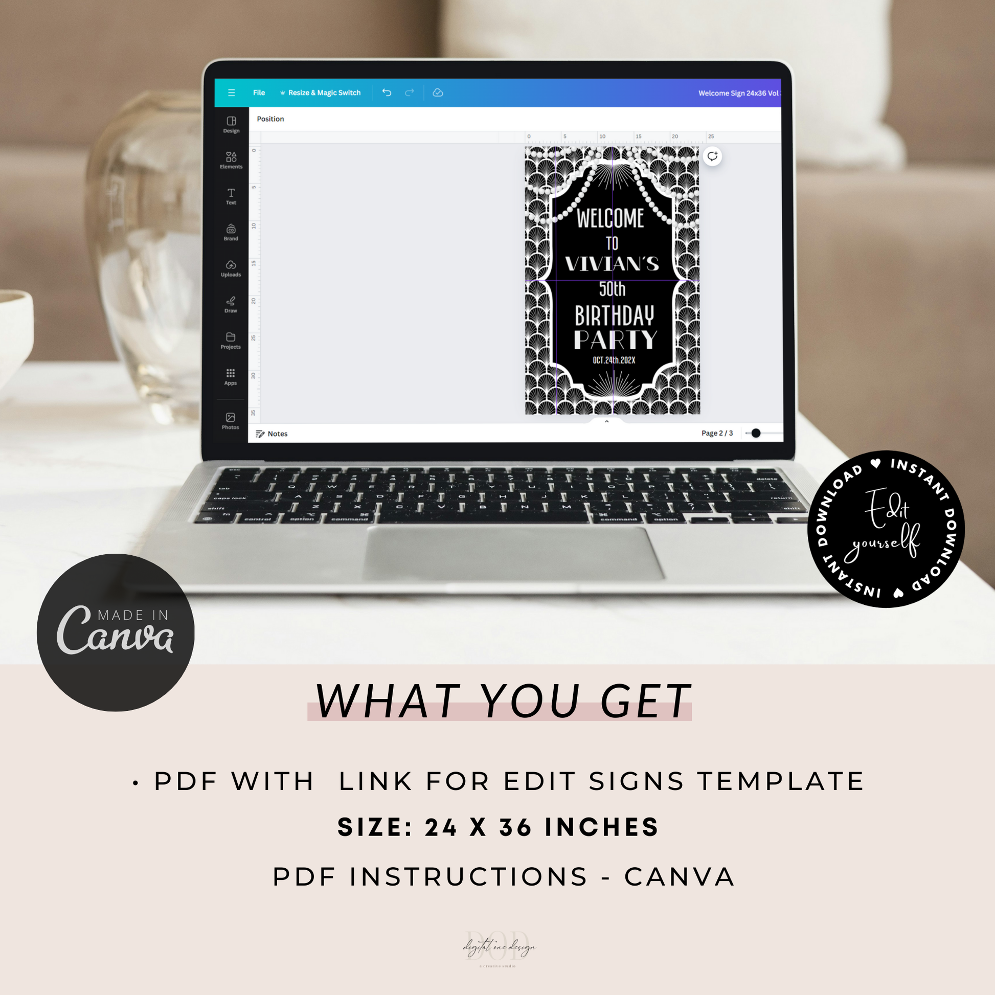 Black and White Gatsby Party Welcome Sign template displayed on a laptop in Canva with instructions for editing.