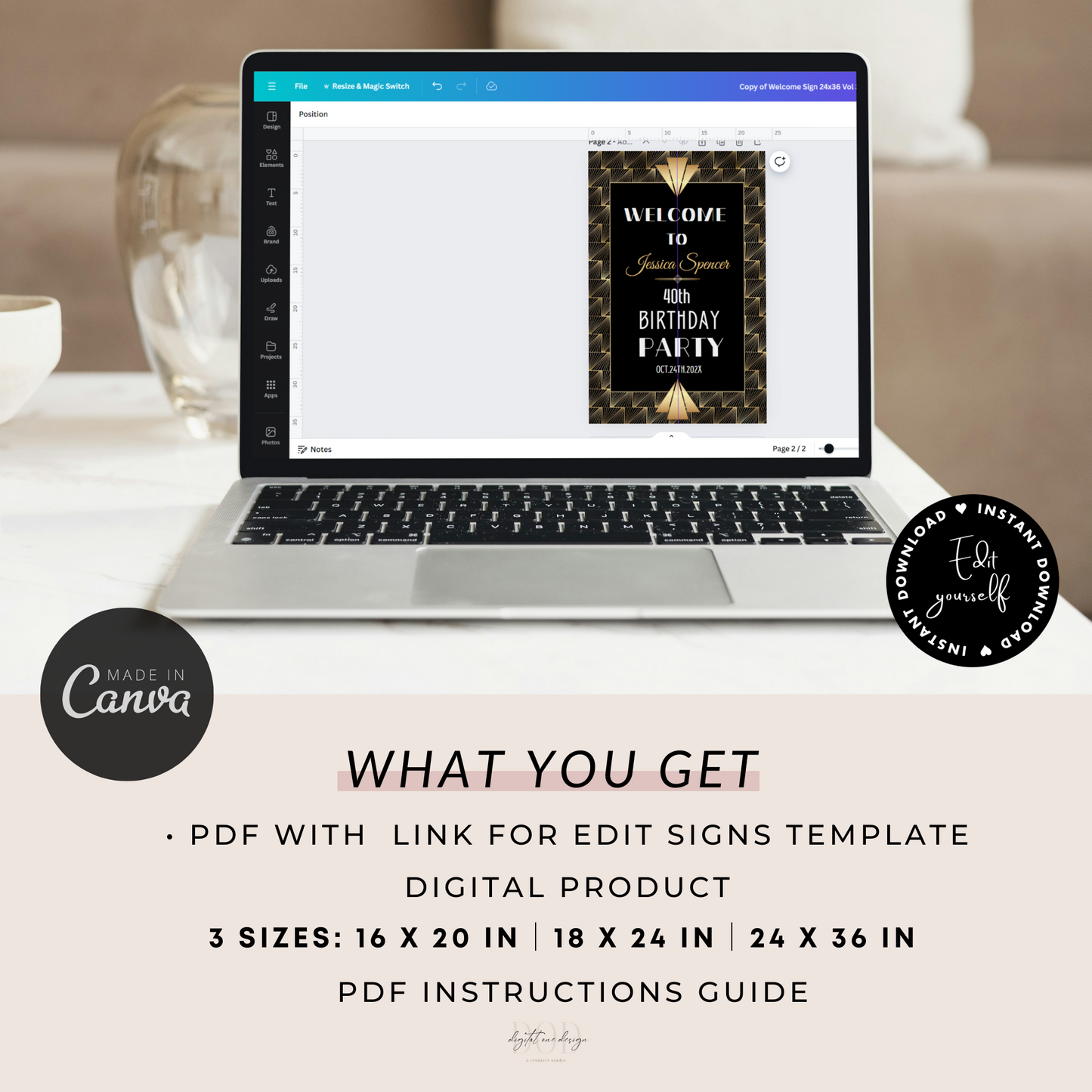 Black and Gold Gatsby Birthday Party Welcome Sign displayed on a laptop in Canva edit template format.