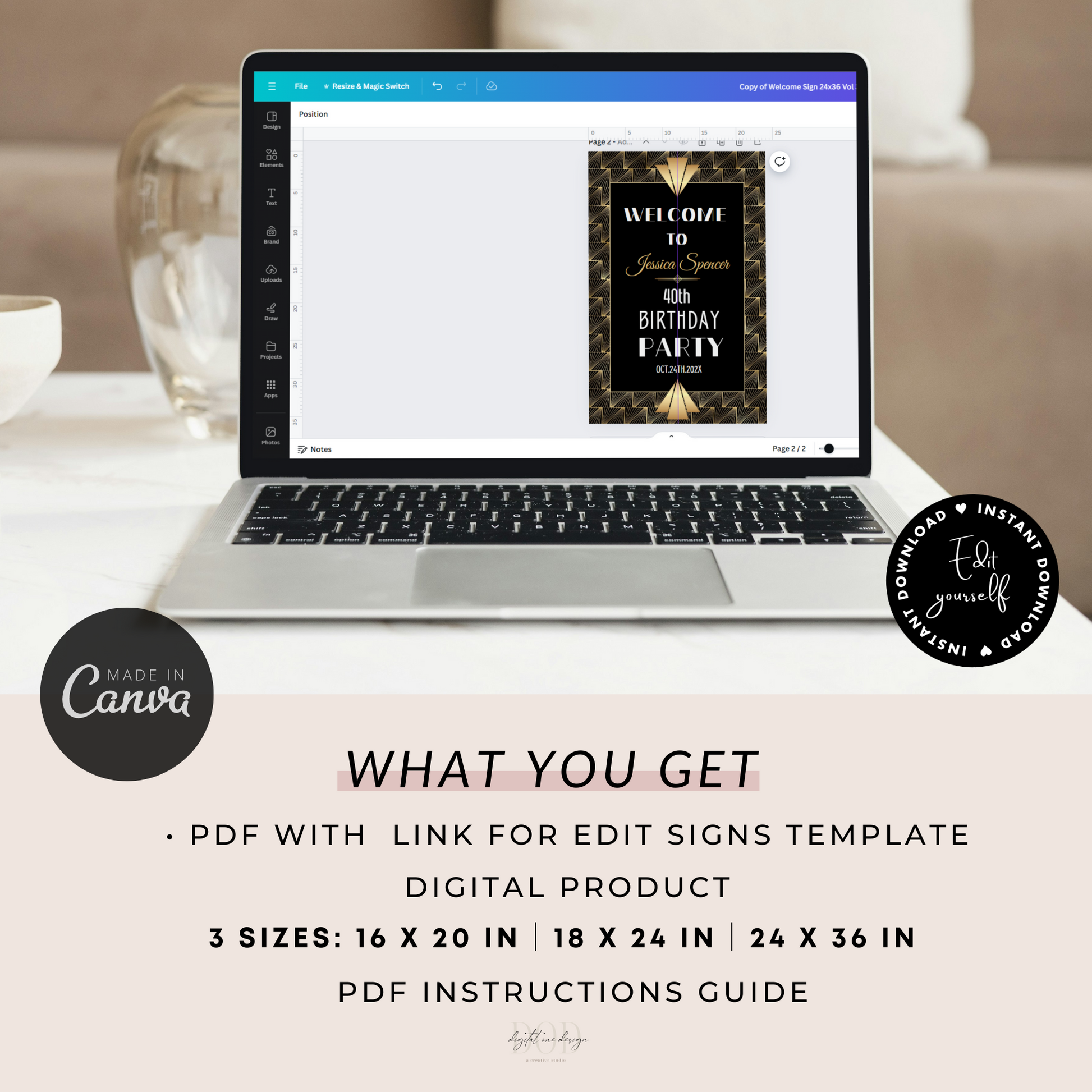 Black and Gold Gatsby Birthday Party Welcome Sign displayed on a laptop in Canva edit template format.