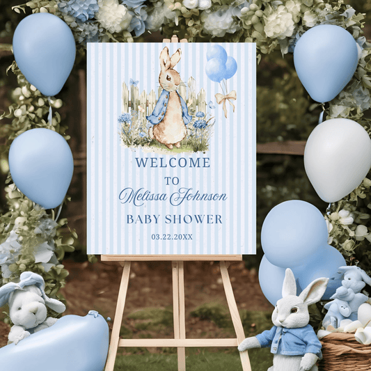 Editable Blue Peter Rabbit Baby Shower Welcome Sign