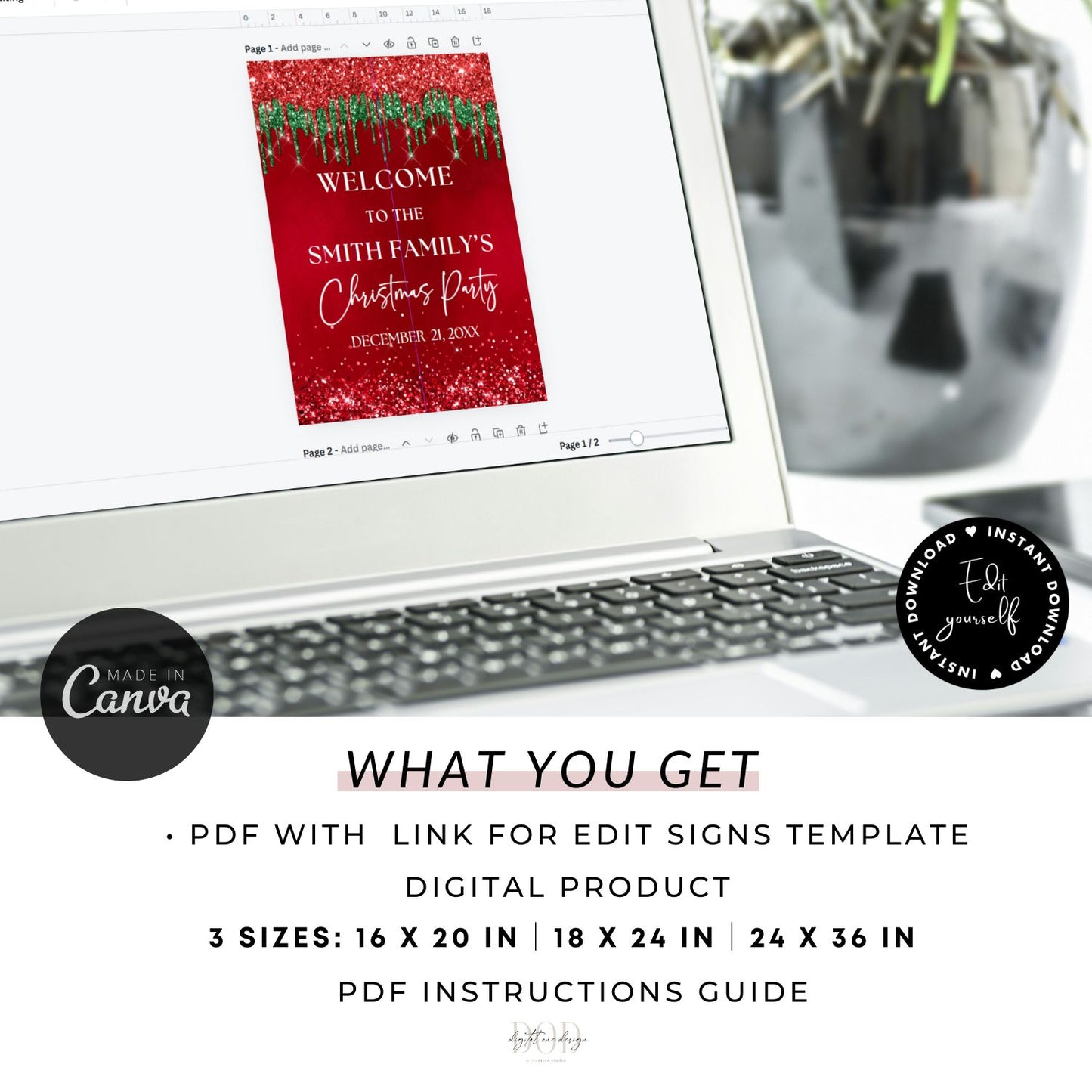 Laptop displaying a Christmas party sign template on a white background 
