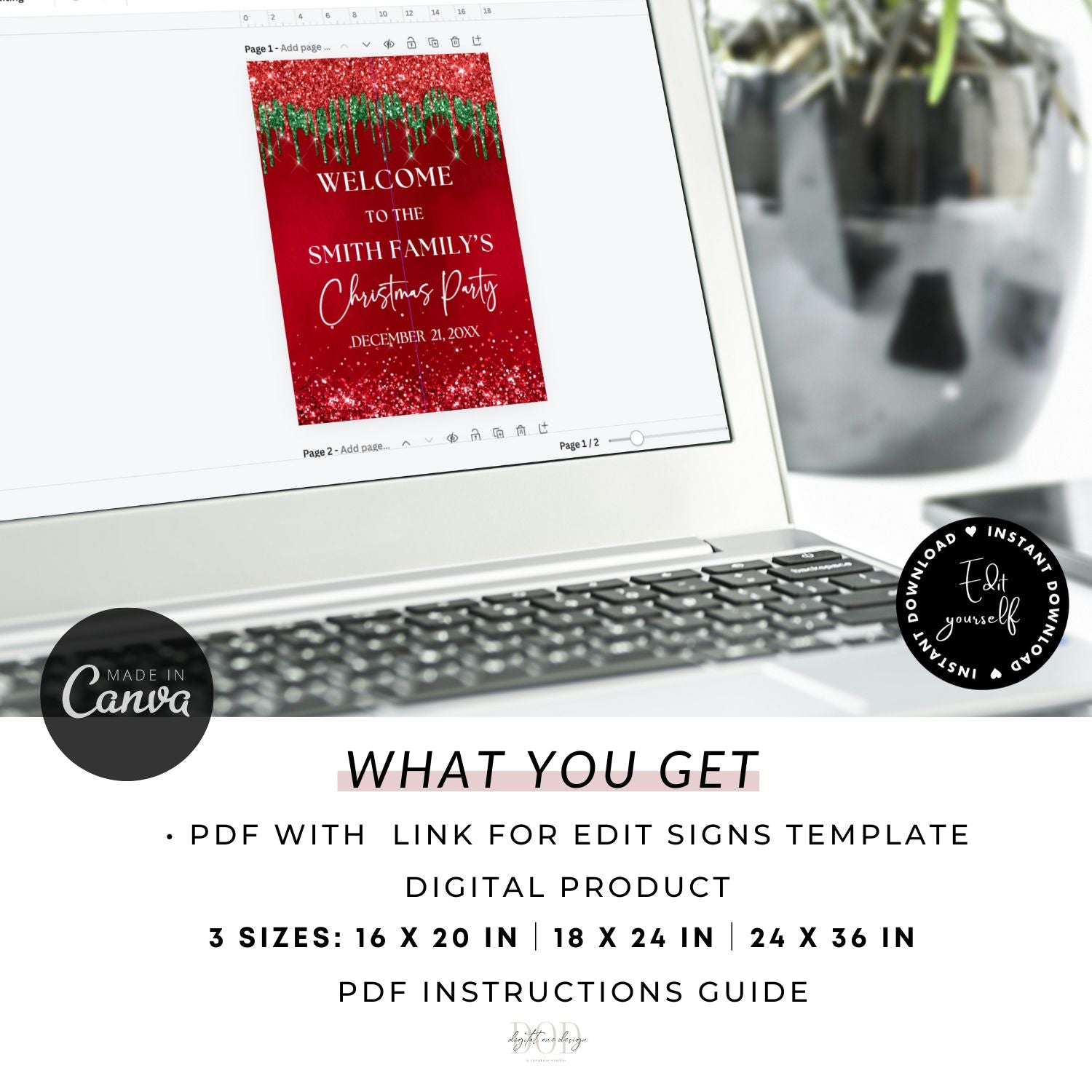 Laptop displaying a Christmas party sign template on a white background 