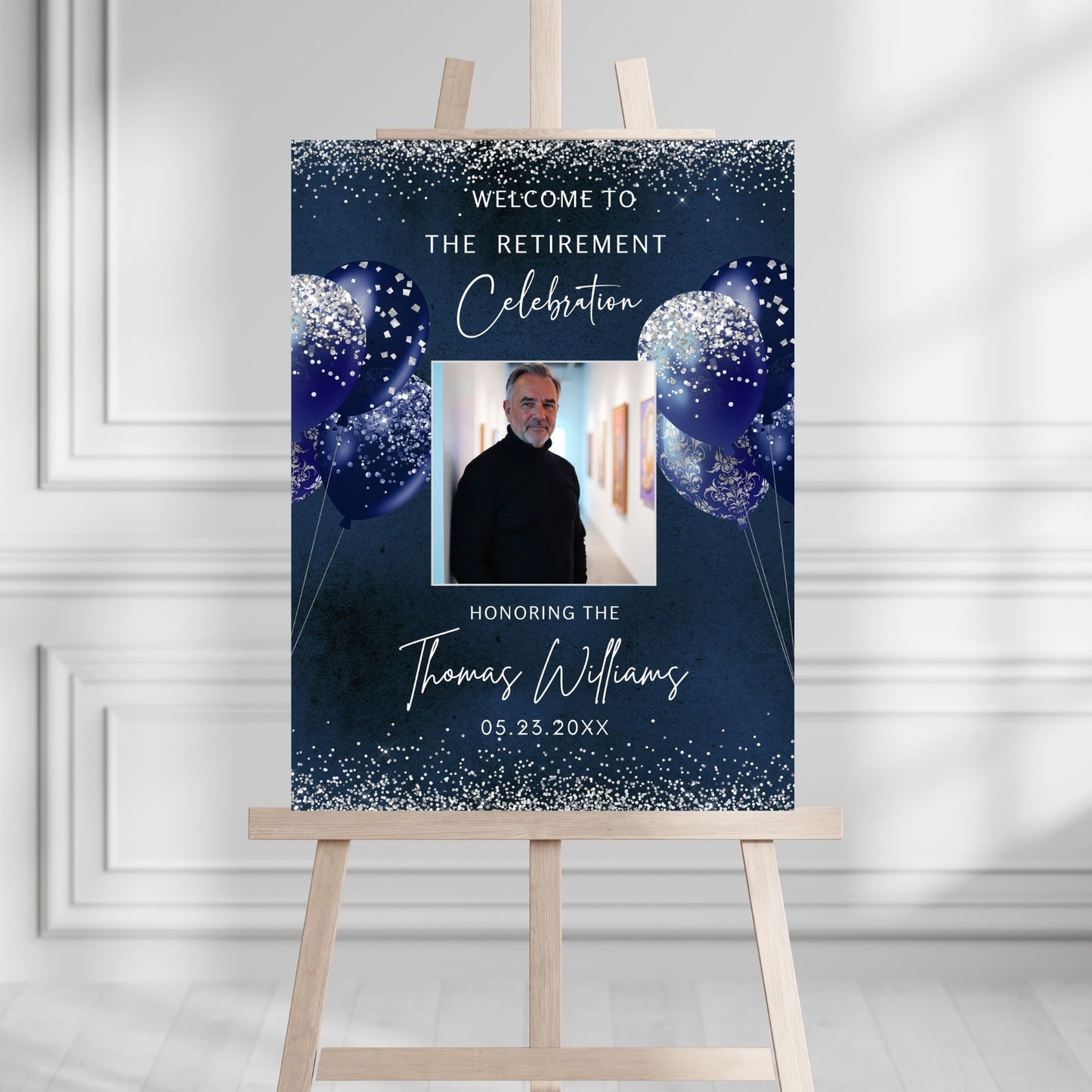 Editable Navy Silver Retirement Party Welcome Sign Template