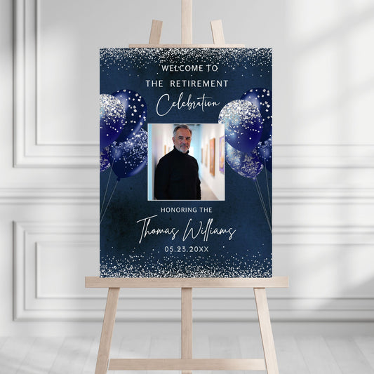 Editable Navy Silver Retirement Party Welcome Sign Template