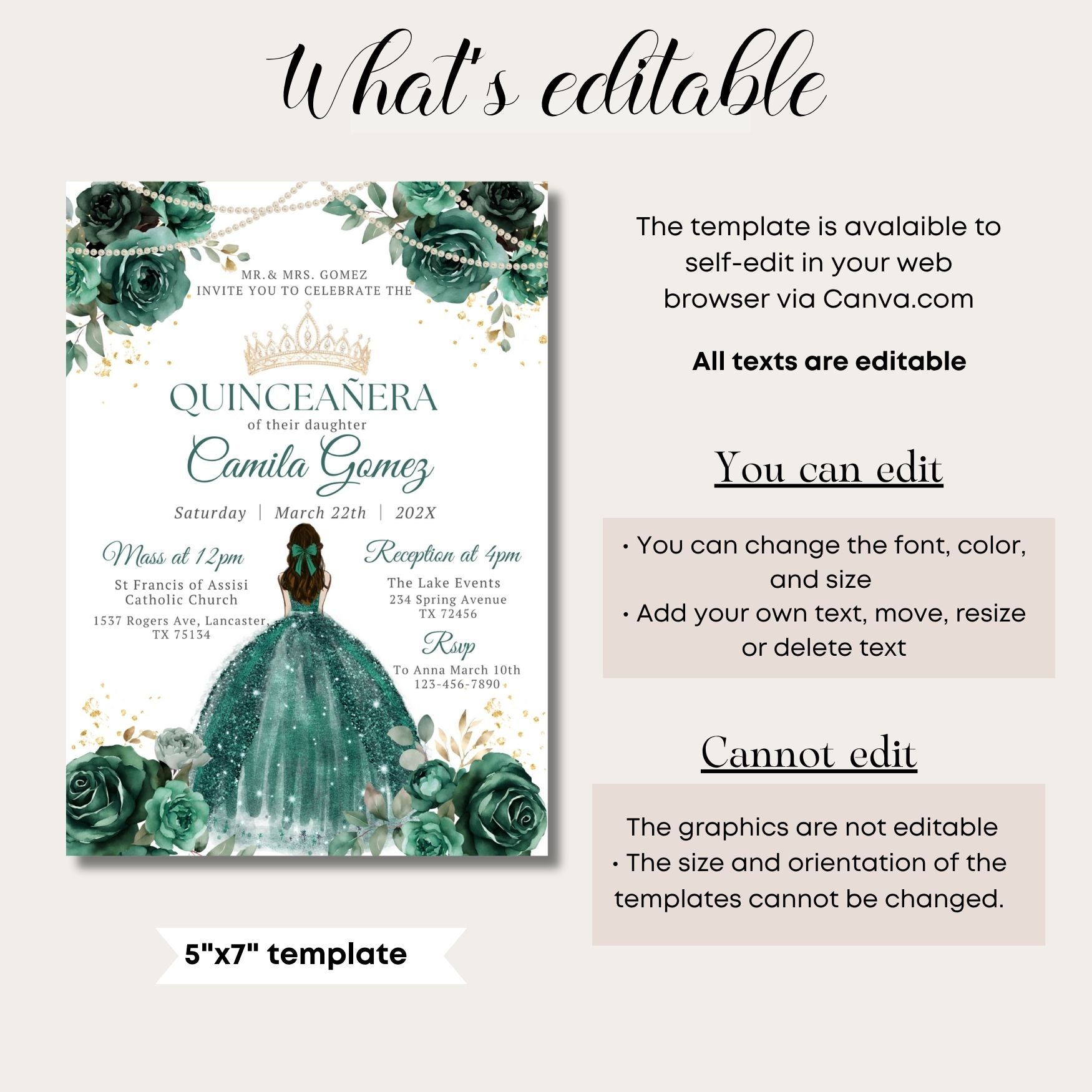 Quinceanera invitation template with Green emerald flowers and Pearls editable text on a white background