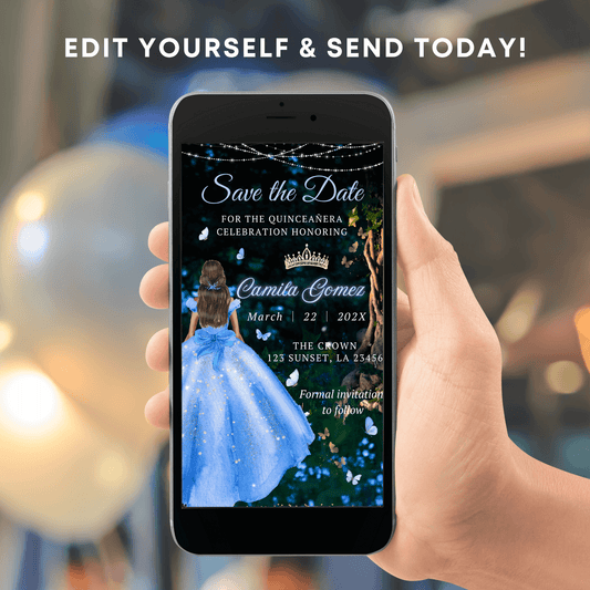 Blue Princess Dress Birthday Save the date Template