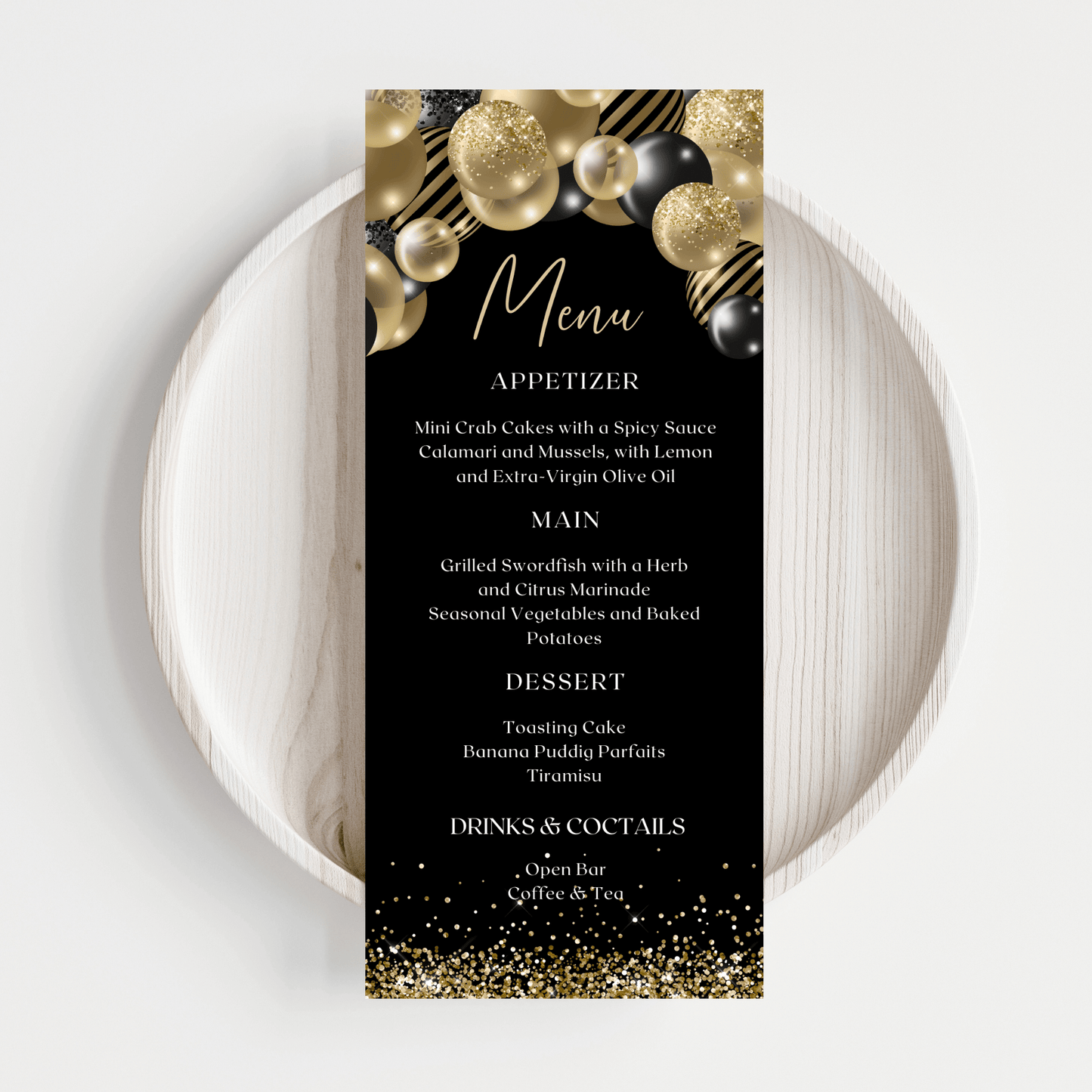 Editable Dinner Party Menu Template, Black & Gold Balloons Theme, Printable Menu Card for Graduation, Birthday, or Celebration