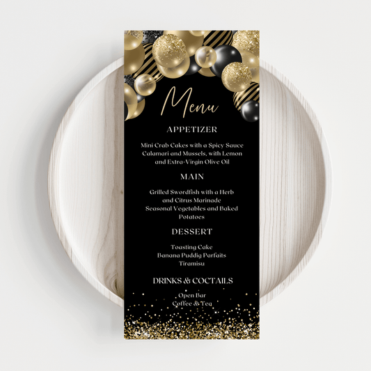 Editable Dinner Party Menu Template, Black & Gold Balloons Theme, Printable Menu Card for Graduation, Birthday, or Celebration