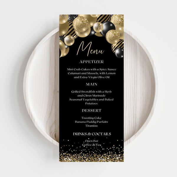Black and Gold Balloons Dinner Menu Card Template featuring appetizers, main courses, and desserts on a stylish background.