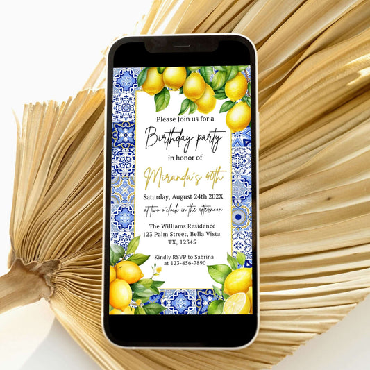 Electronic Amalfi Coast Theme Birthday Invitation perfect for brunch or dinner