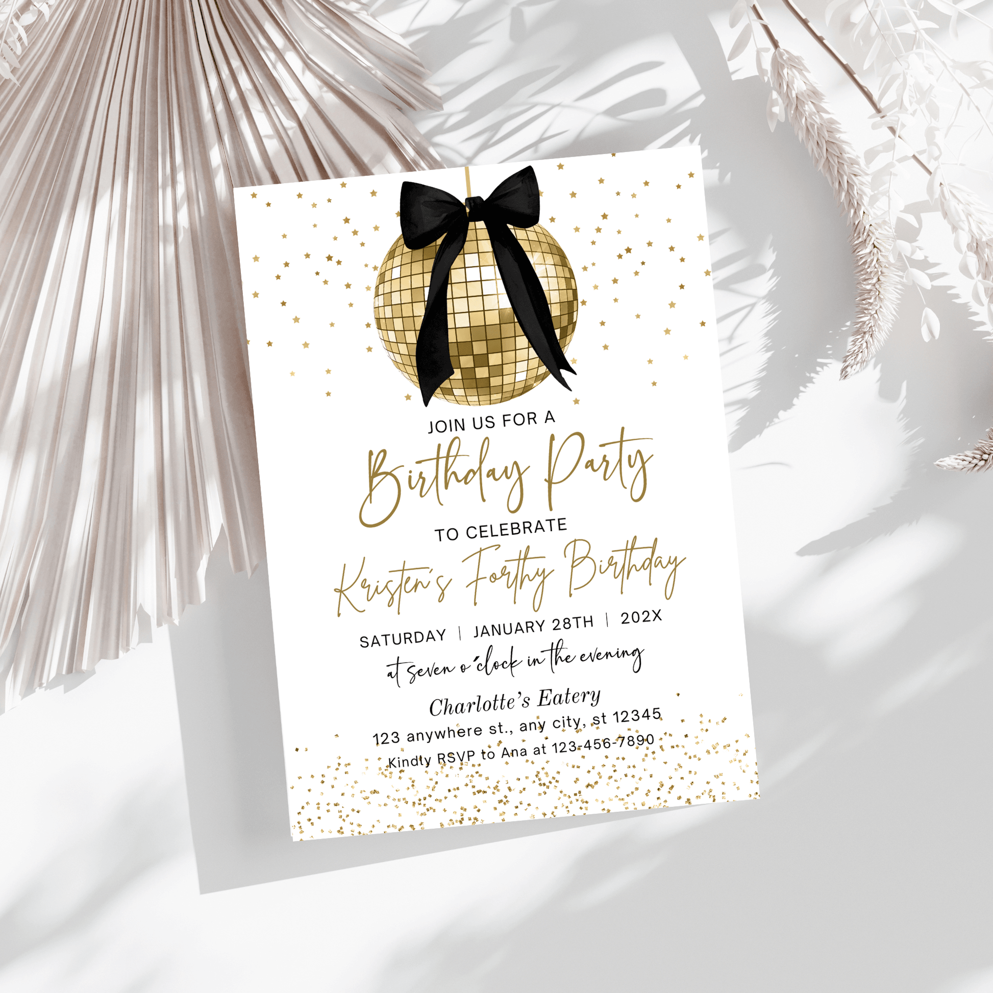 Elegant Black Bow and Gold Disco Ball Birthday Invitation Template