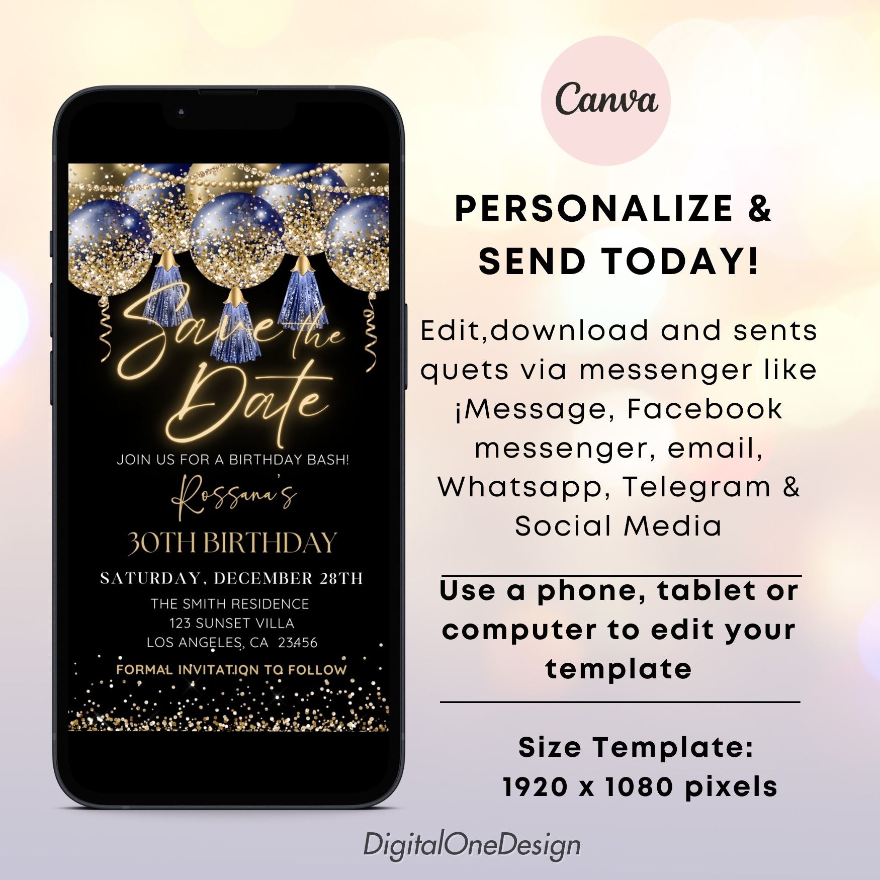 Blue and Gold Save the Date Electronic Invite