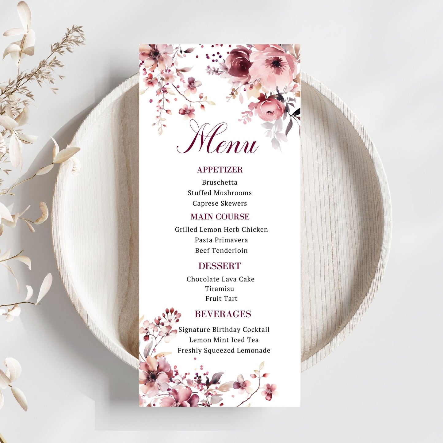 Charming Winter Floral Menu Card in Burgundy & Blush Pink