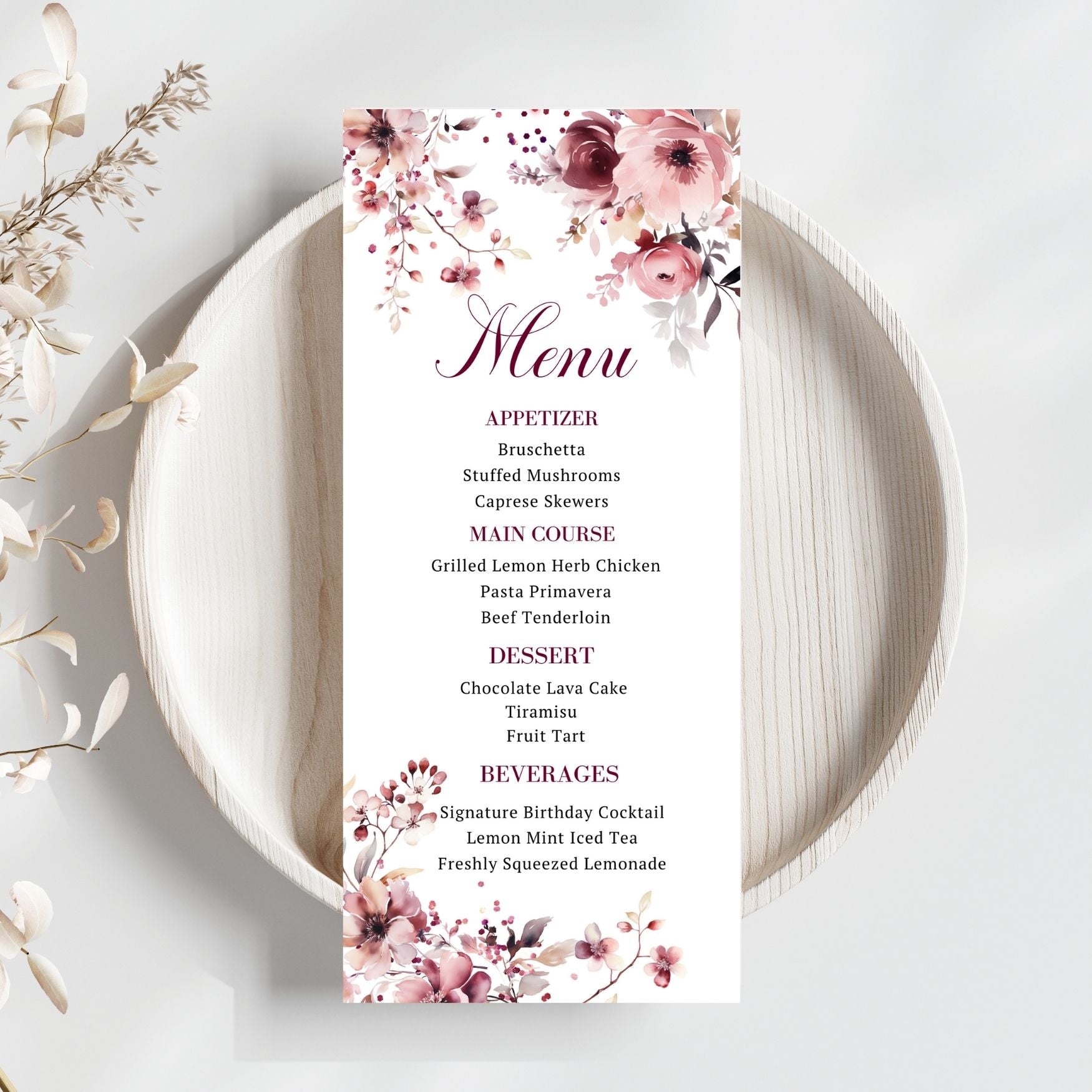 Charming Winter Floral Menu Card in Burgundy & Blush Pink
