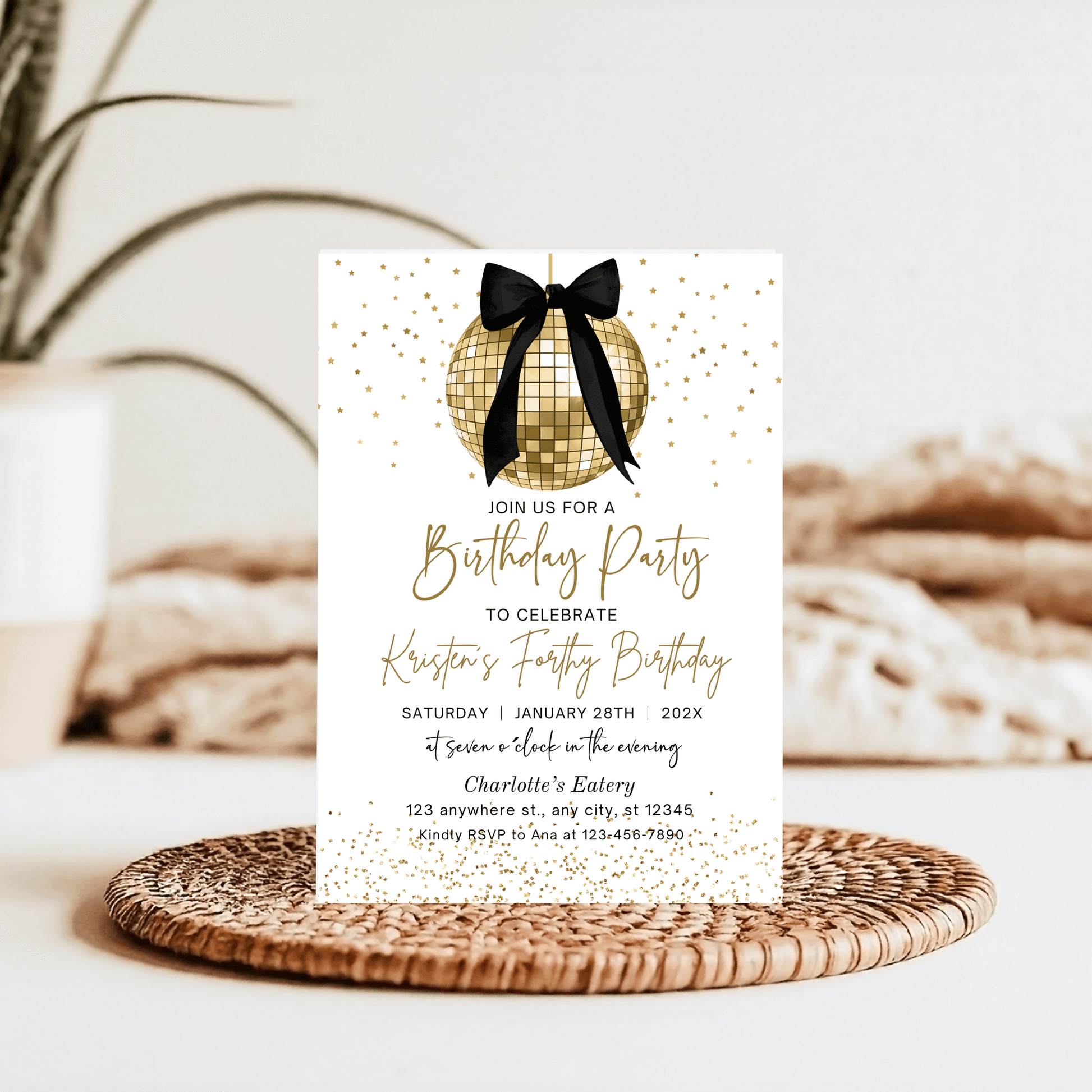Editable Coquette Gold Disco Birthday Party Invite