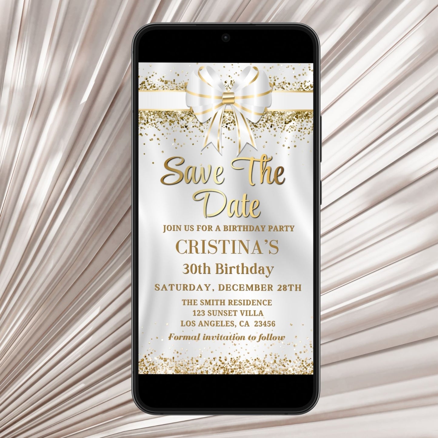 Elegant White Gold Bow Save the Date Birthday Invitation