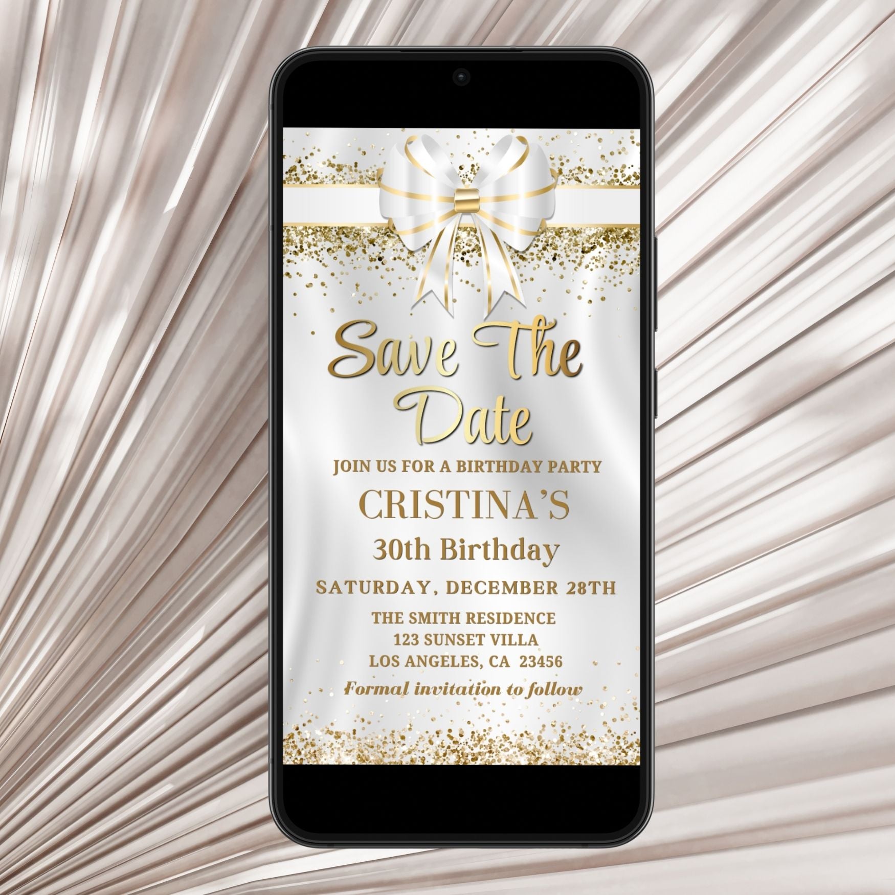 Elegant White Gold Bow Save the Date Birthday Invitation