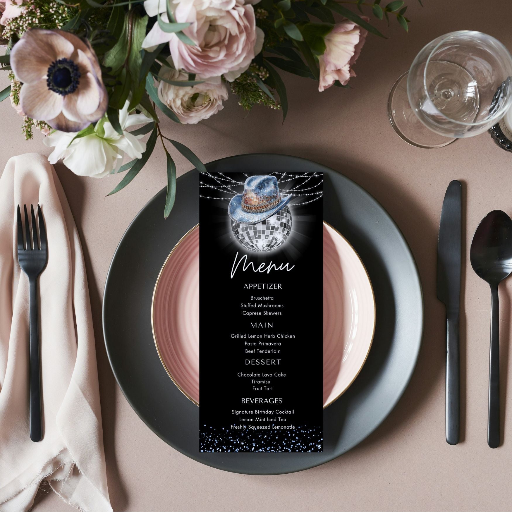 Western Disco Ball Menu Card Template